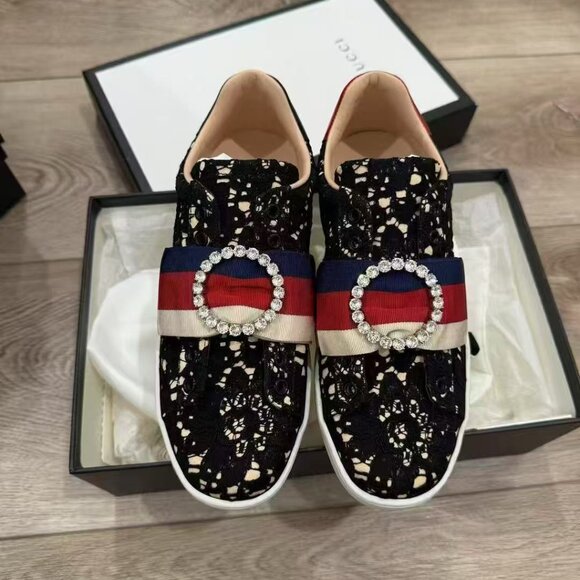 NIB Authentic Gucci Black Lace Ace Web Crystal Embellished Sneaker - Picture 3 of 6